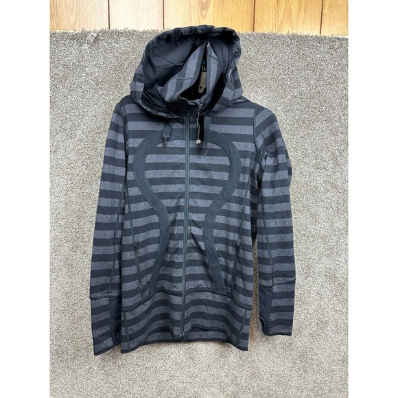Lemon Pants - Lululemon Women's Stride Jacket Black‎ Gray Striped Hoodie Full-Zip Size 8